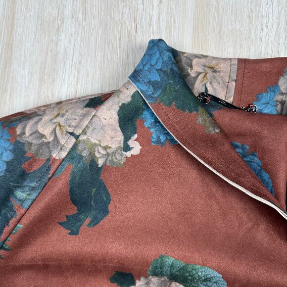 Elie Tahari Faux Leather Brown Hydrangea Floral Print Boho Chic Moto Jacket XL - Picture 6 of 16